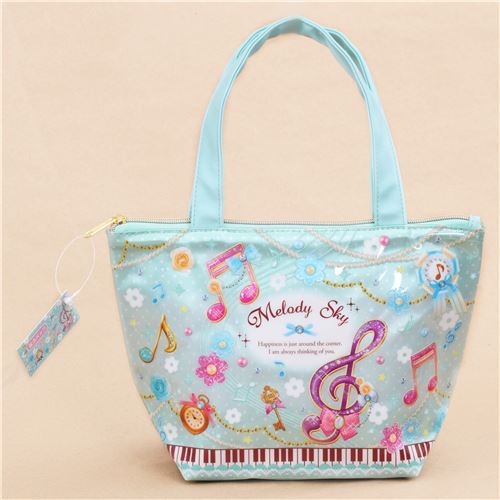 shiny turquoise music note flower dot lunch bag thermal bag from Japan