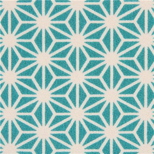 Futakoshi Chirimen Kokka fabric with turquoise geometric star pattern