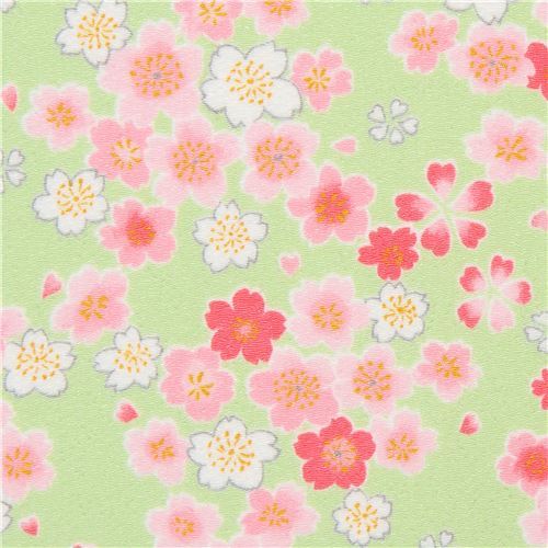 Kokka sakura flower Futakoshi Chirimen fabric in lime green