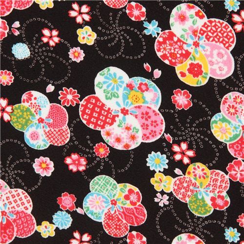 black Futakoshi Chirimen fabric with flowers by Kokka
