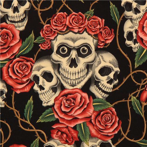 black Alexander Henry fabric roses and beige skulls