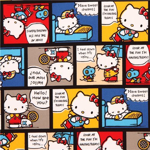 black Hello Kitty cute colorful comic manga story oxford fabric