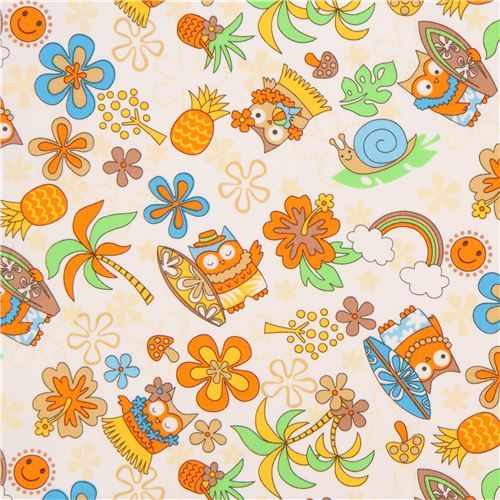 light cream orange blue funny owl surf board palm tree fabric Manga fabric