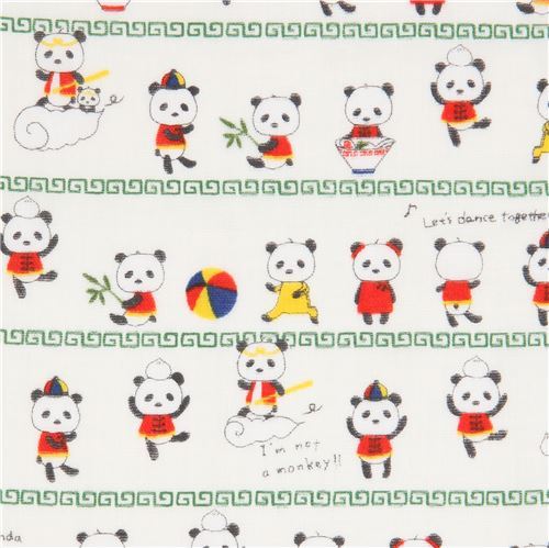 striped double gauze fabric in light cream with small pandas
