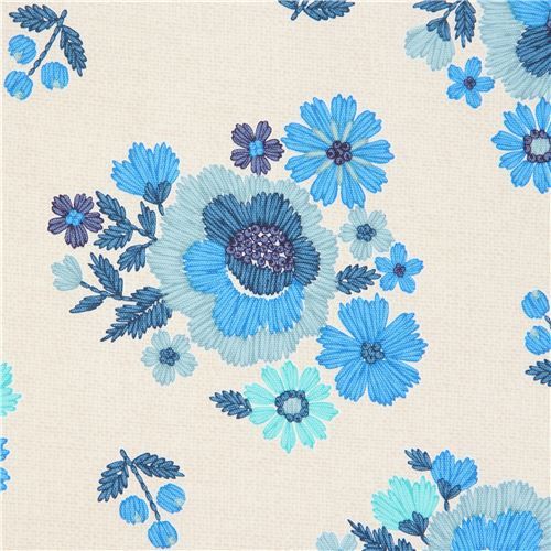 flower blue turquoise oxford natural color fabric by Kokka