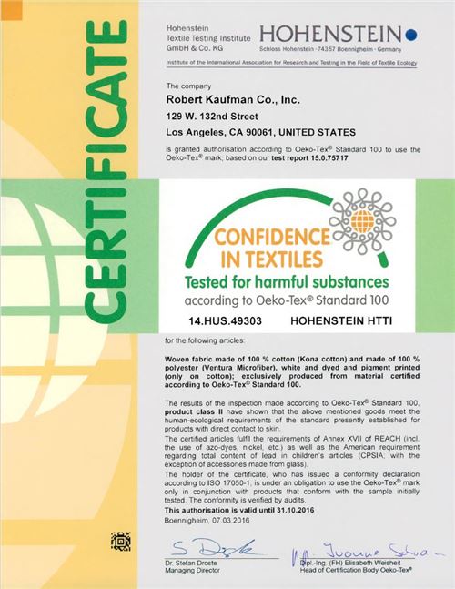 Robert Kaufman's Kona Cotton Solids Oeko-tex Certification