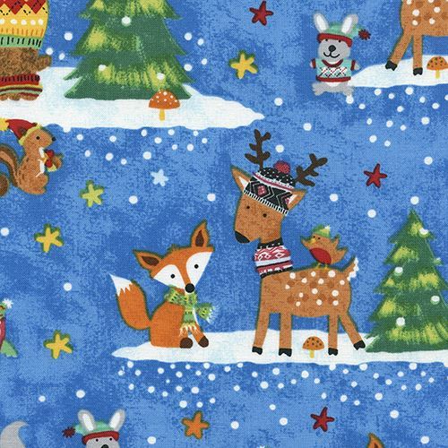 blue fabric with colorful deer bear fox Christmas by Timeless Treasures