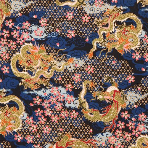 navy blue colorful dragon flower cloud gold metallic embellishment fabric